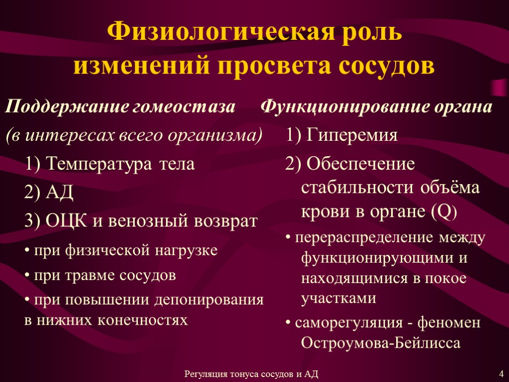 Физиологическая роль изменений просвета сосудов Поддержание гомеостаза (в интересах всего организма) 1) Температура тела